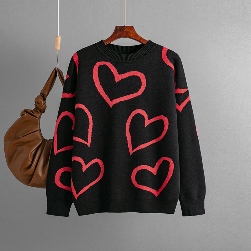 Heart Color Clash Sweater with Round Neck for Women's Fashion