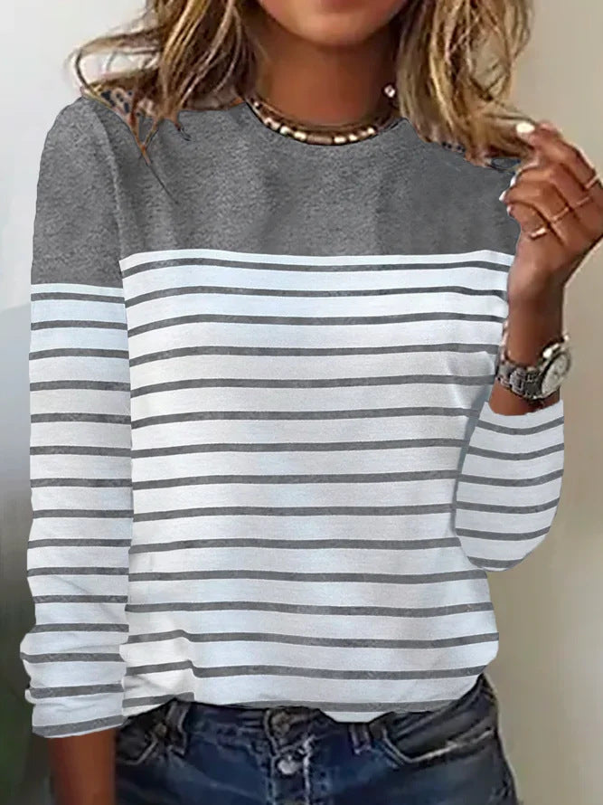 Long-Sleeve Striped Two-Tone Patchwork T-Shirt with Round Neck and Printed Design