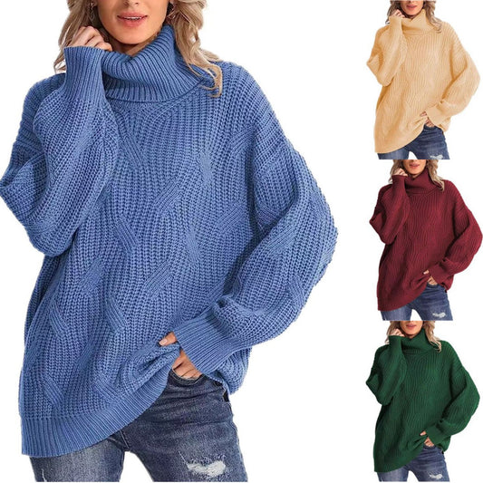 Women's Fashion Loose High Collar Twisted Knitted Sweater Pullover Long Sleeve