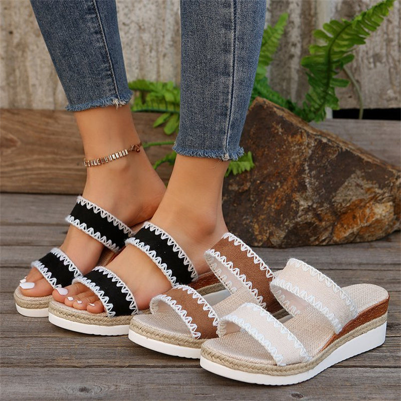 Ethnic Style Sandals: New Hemp Rope Woven Wedge Slippers with Double Wide Straps for Women