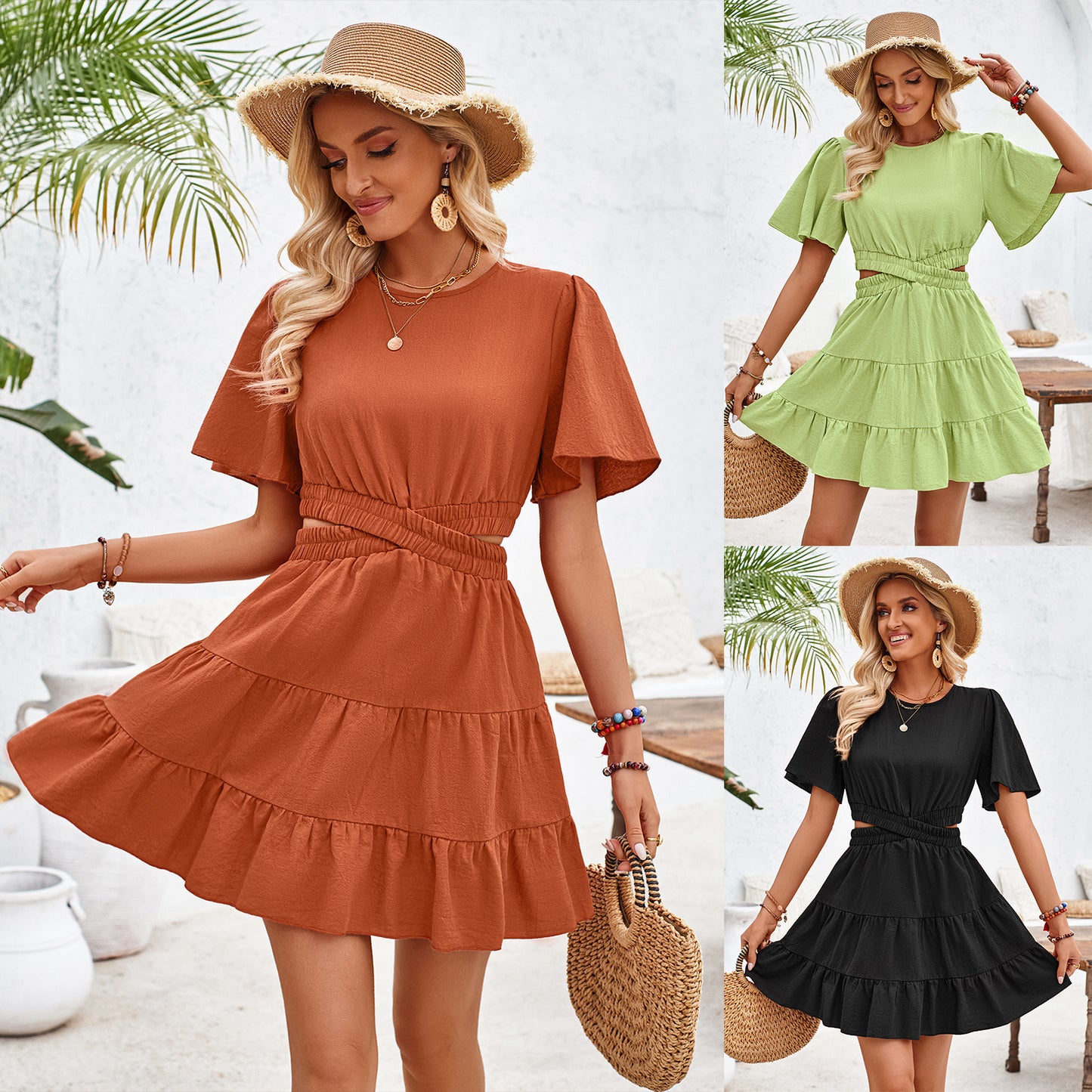 Summer Women's Round Neck Hollow-Out Short Sleeve Waist-Controlled Jumpsuit Skirt