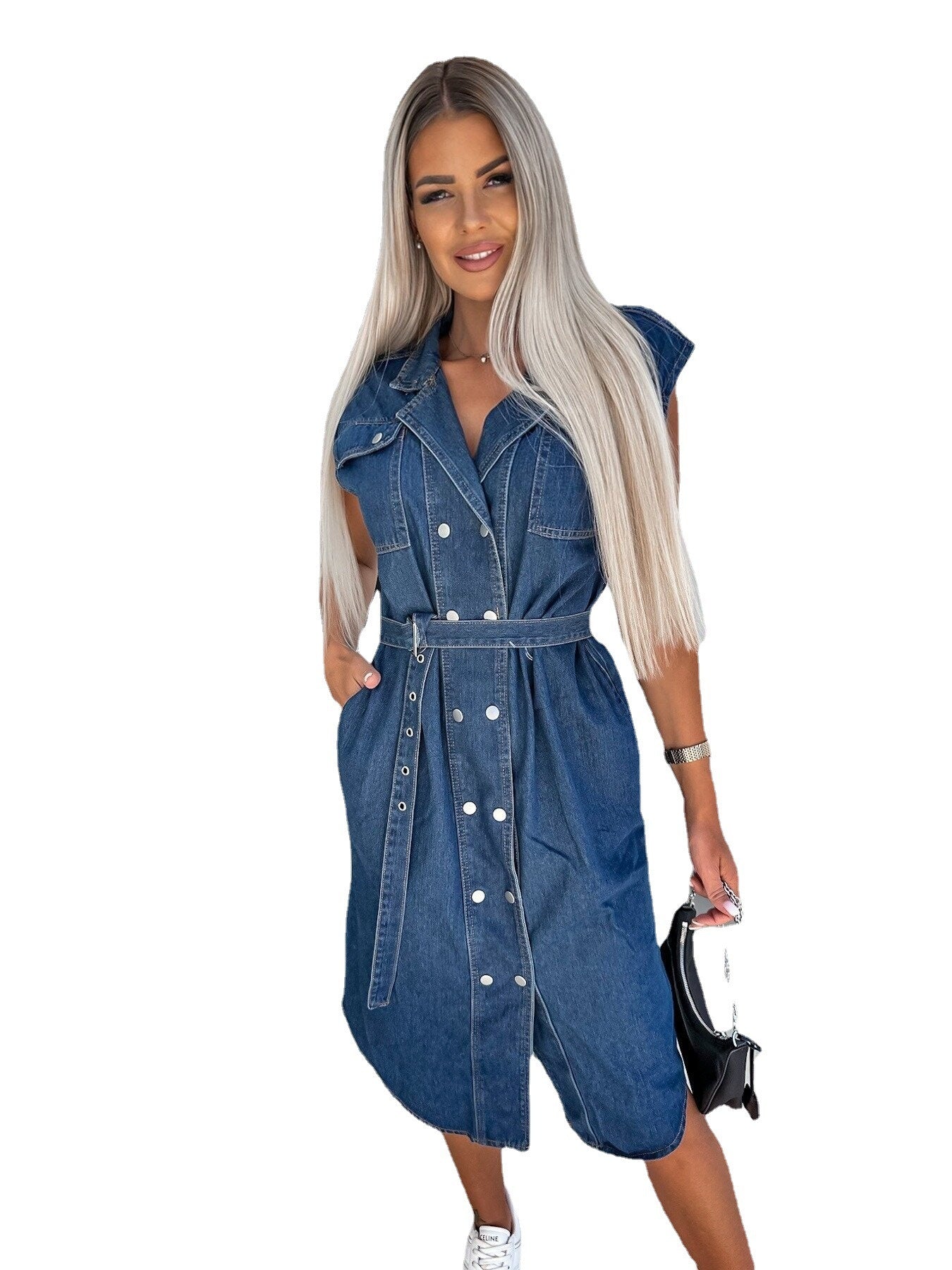 Denim Dress with Polo Collar, Sleeveless Design, Open Chest, Waist-Controlled Lace-Up Detail