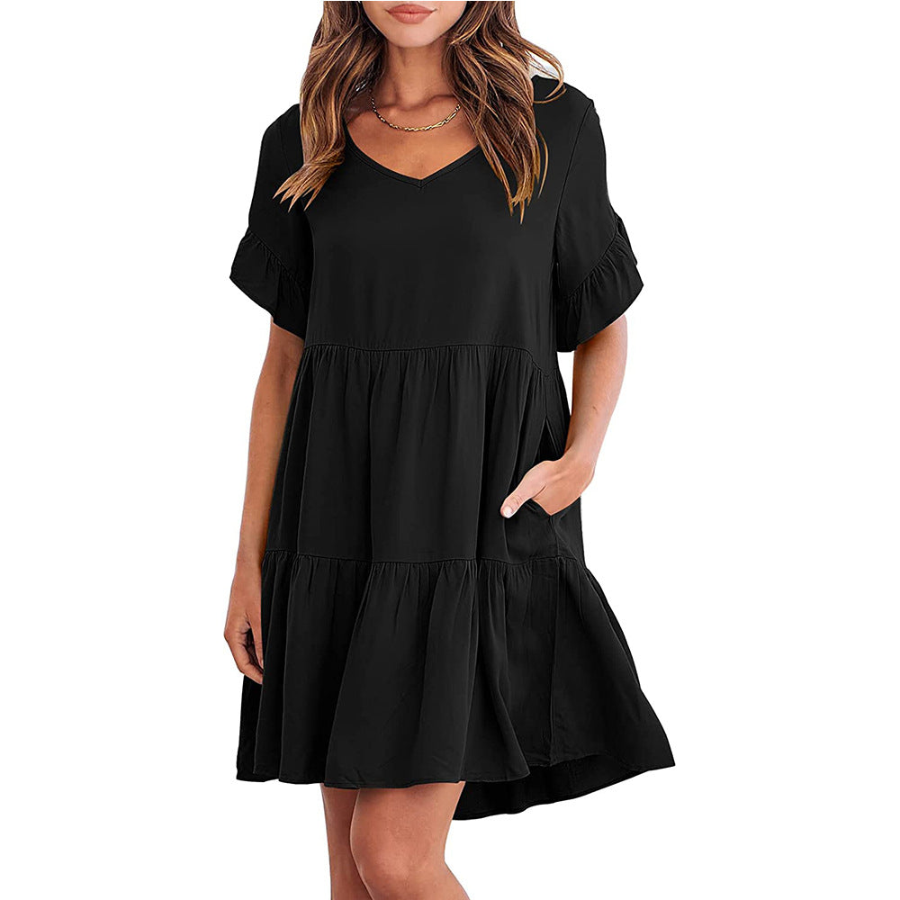 Summer Casual V-neck Little-girl Style Clothes Three-layer Pleated Dress