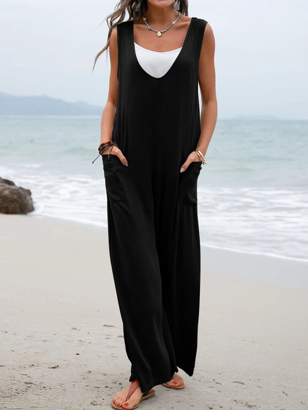 Solid Color Patch Pocket Fashionable Jumpsuit V-neck