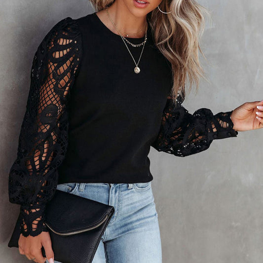 Fashionable Lace Stitching Hollow Sleeve Round Neck Sweater For Women