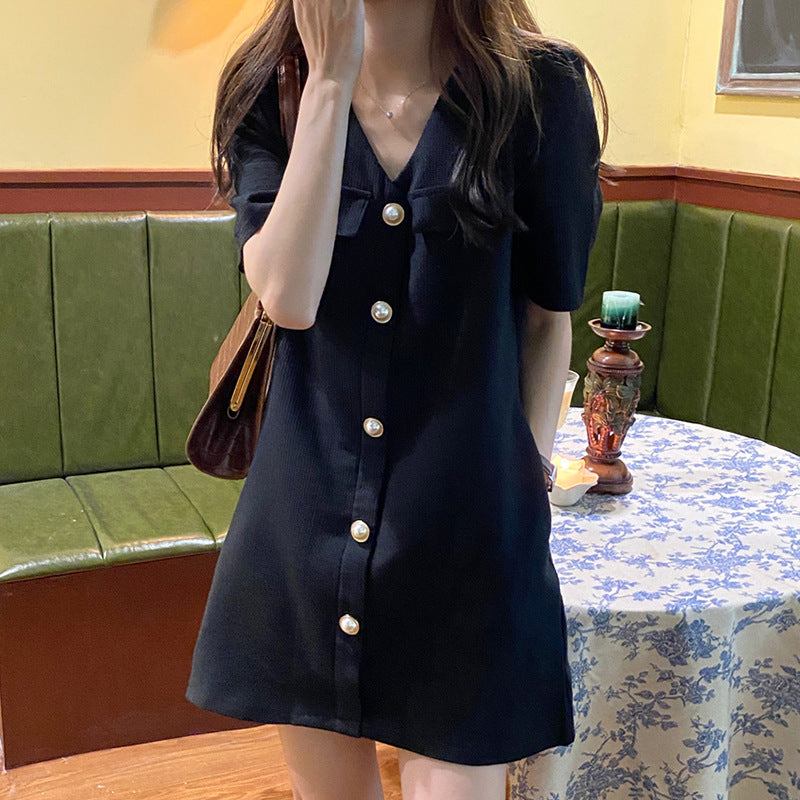 V-neck Design Chic Pearl Buckle Loose Dress