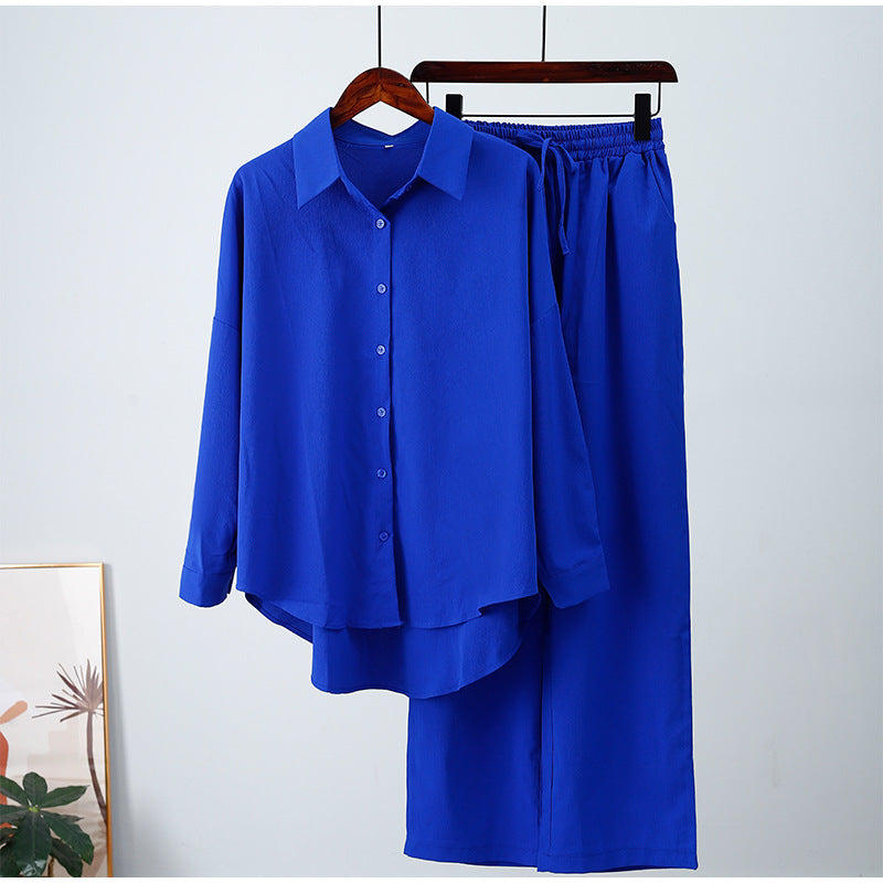 New Loose Elastic Wrinkle Long-Sleeved Shirt and Wide-Leg Pants Casual Suit