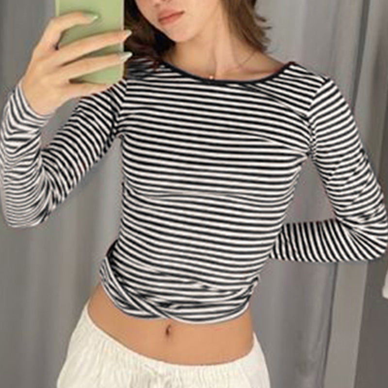 Women's Contrast Color Striped Backless Slim Fit Bottoming Shirt