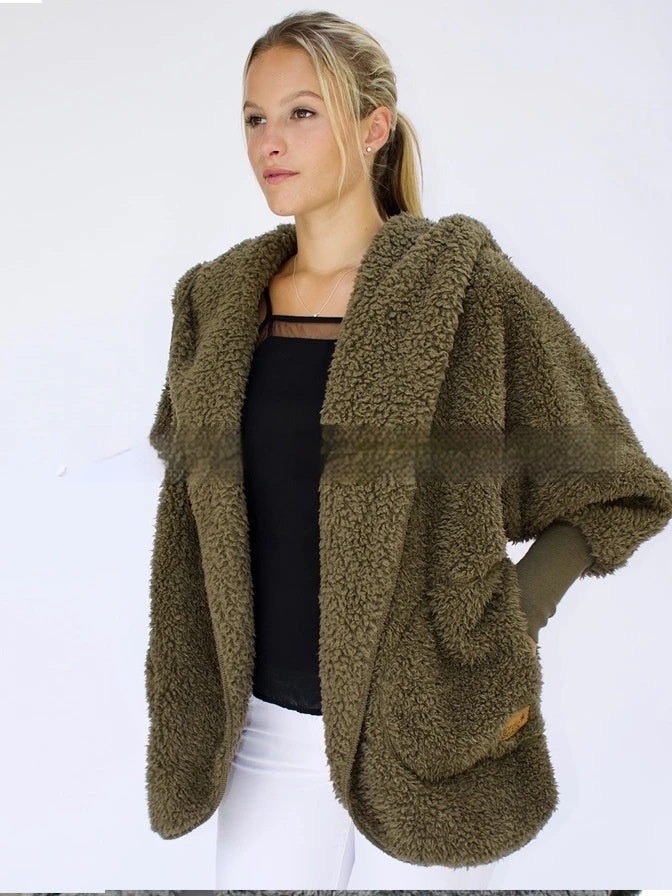 Furry Hooded Cardigan Coat for Women with Pocket Design