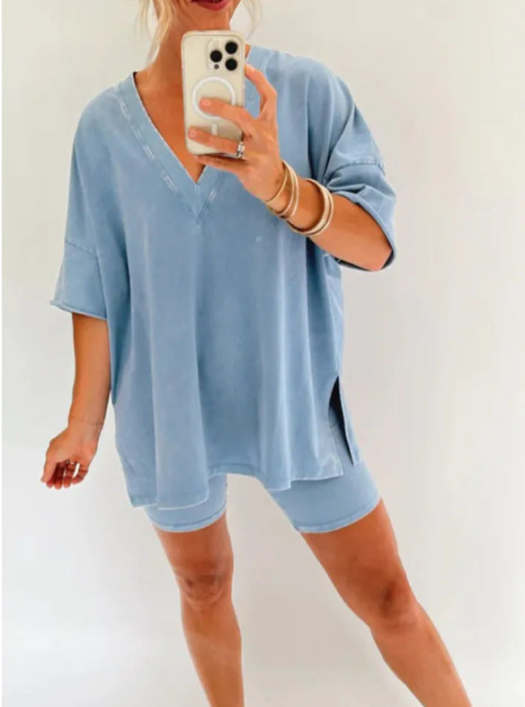 Casual Style Women's V-Neck Denim-like Short-sleeved T-shirt