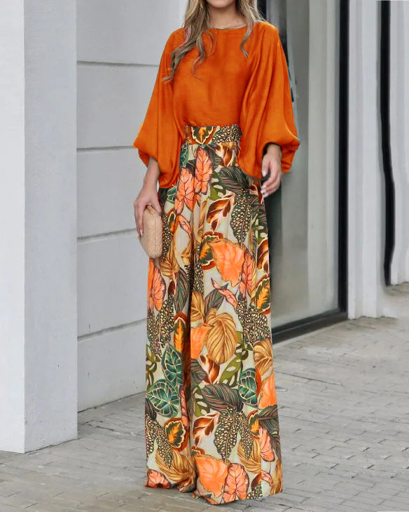 Two-Piece Set for Women Lantern Sleeve Printed Top and Wide Leg Pants