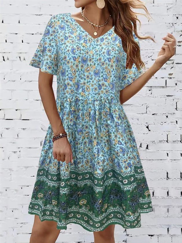 V-neck Short-Sleeved Printed Sleep Dress