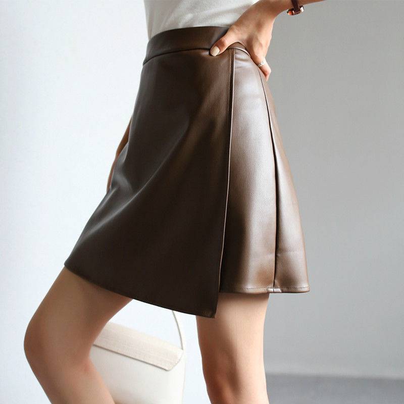 Solid Color High-Waisted Retro Leather Skirt for Women