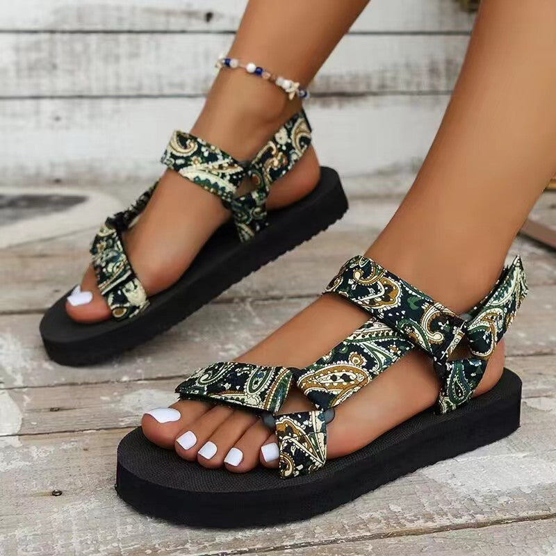 Summer Ethnic Style Flat Sandals: Printed Velcro-Design for Women's Fashion Casual Beach Wear