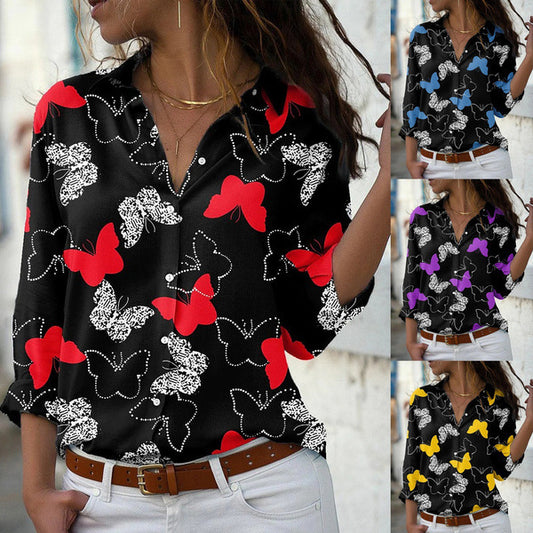 Autumn New Butterfly Print Long-sleeved Shirt For Women