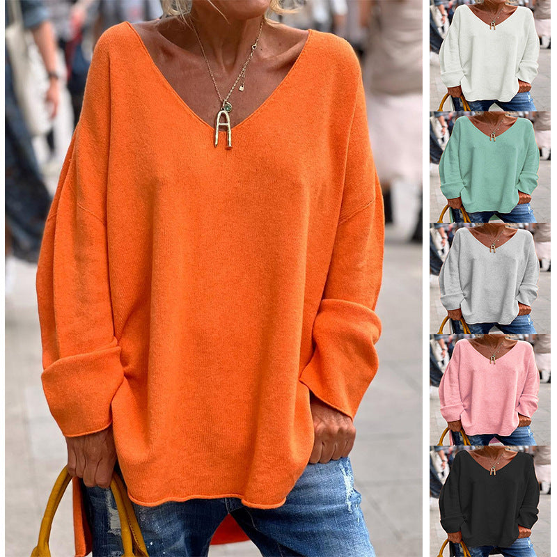 Women's Solid Color And V-neck Long Sleeve Loose Casual Top