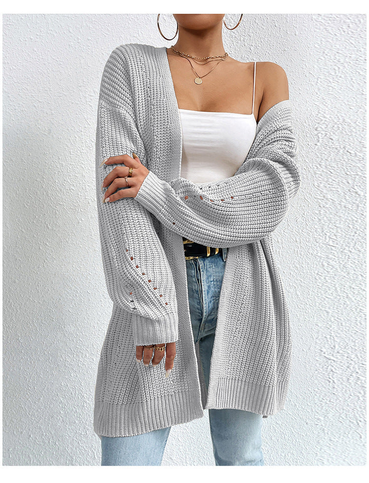 Solid Color Loose Medium Length Knitted Cardigan Sweater Jacket