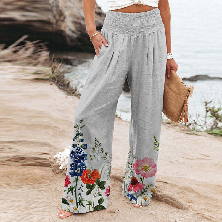 High-Waist Casual Wide Leg Pants with Elastic Printing and Pockets