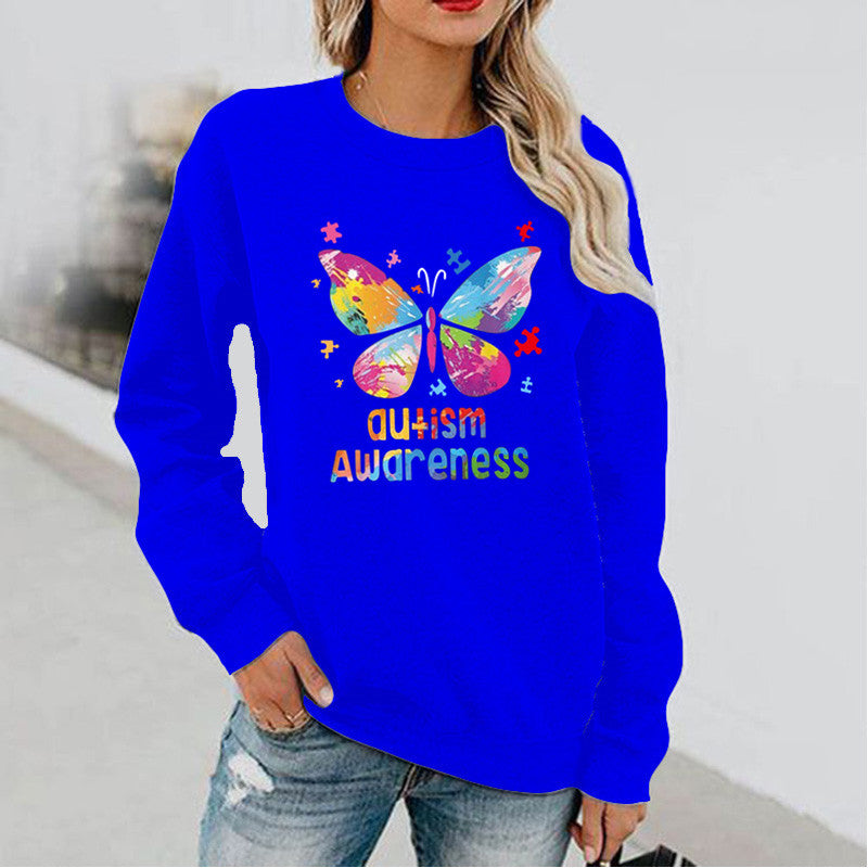 Women's Butterfly Print Long Sleeve Hoodless Round Neck Sweatshirt