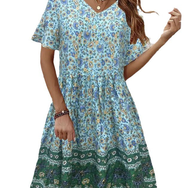 V-neck Short-Sleeved Printed Sleep Dress