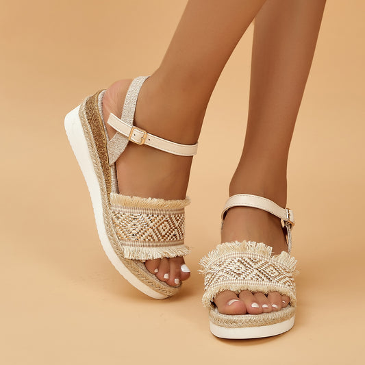 Summer Wedge Hemp Rope Ankle-Strap Buckle Muffin Sandals