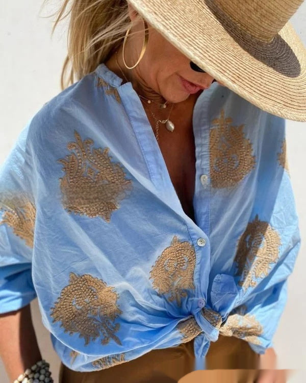 Women's Lapel Button Shirt with Printed Design and Long Sleeves
