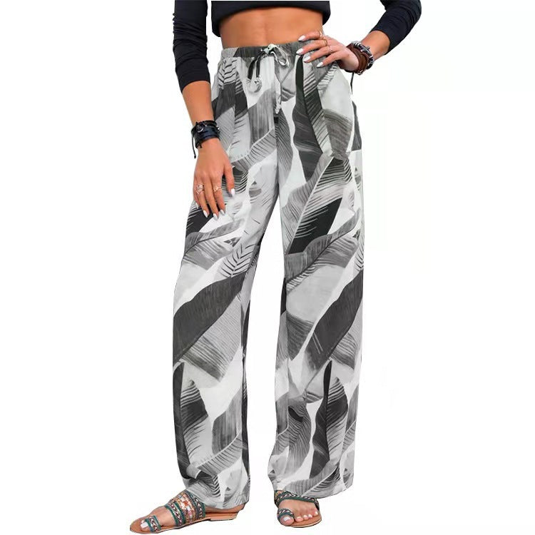 Casual Loose Wide Leg Straight Trousers: Fashion Drawstring Leaf Print Beach Pants