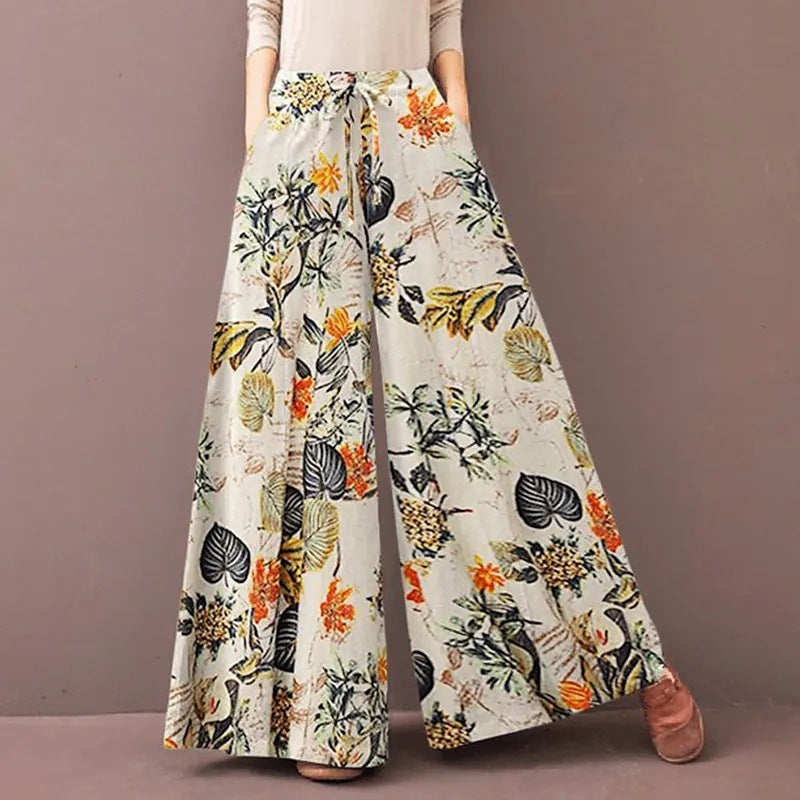 Women's Casual Floral Wide-Leg Pants with Elastic Waist