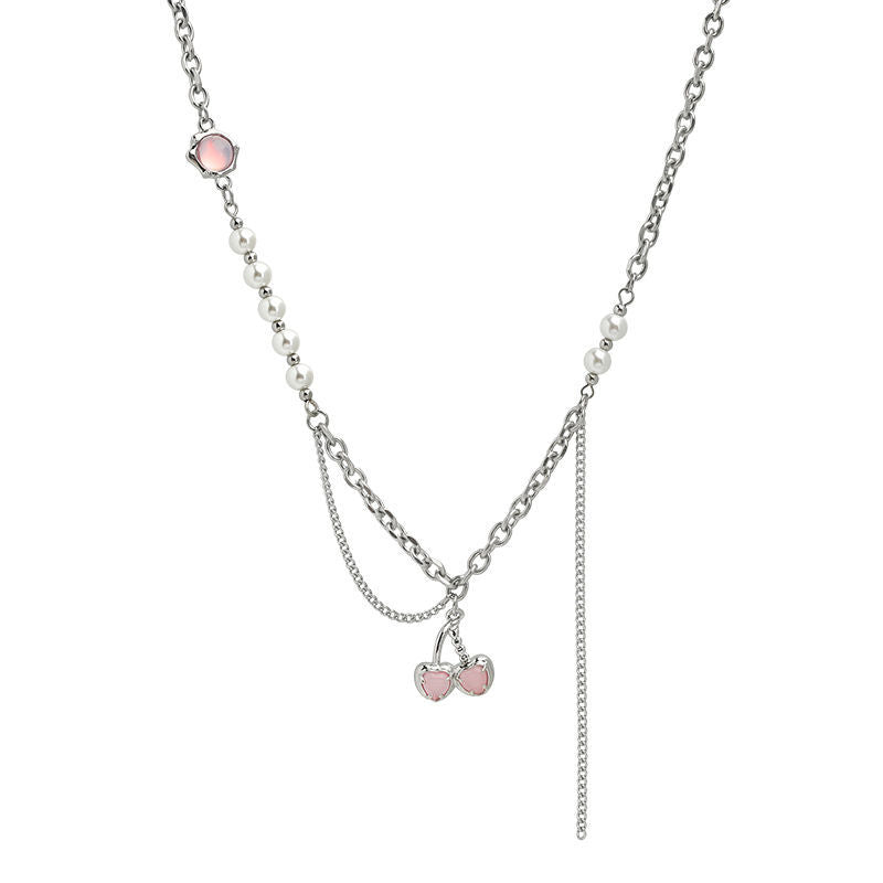 Pearl Stitching Cherry Necklace Clavicle Chain