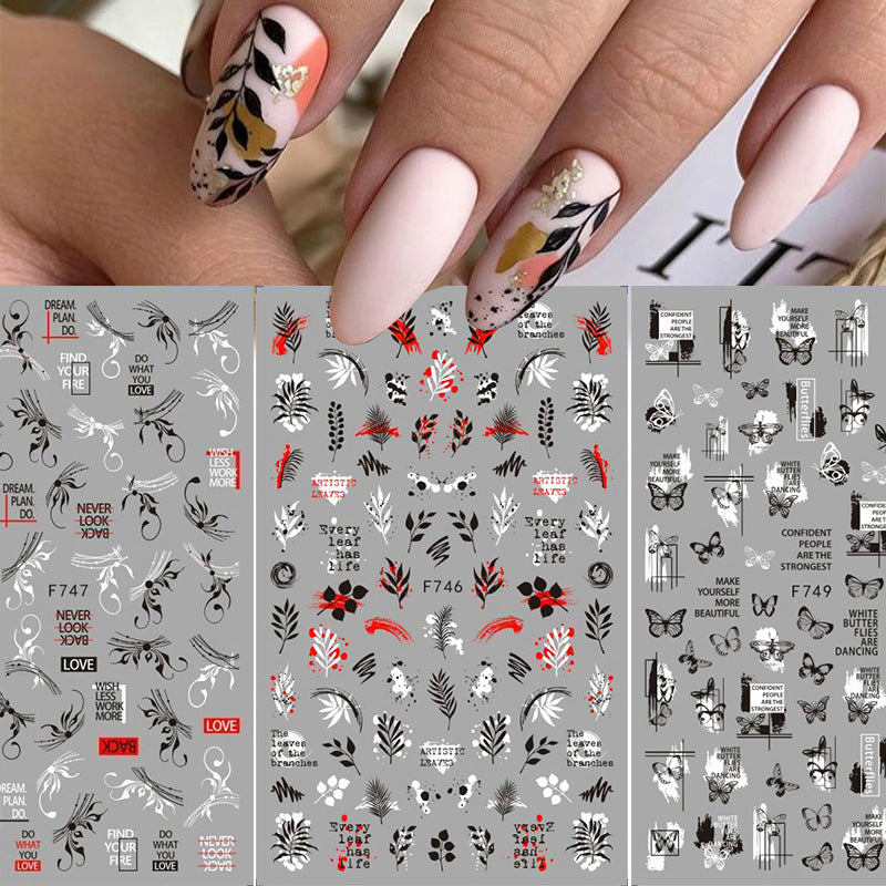 Nail Sticker New Alphanumeric All Black And White Butterfly