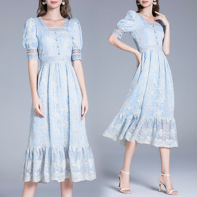 Goddess Temperament Gentle Blue French Mesh Lace Long Dress