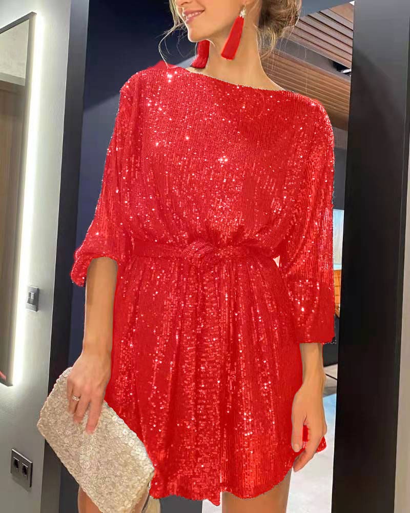 Fashionable sequin sequin color waistband dress