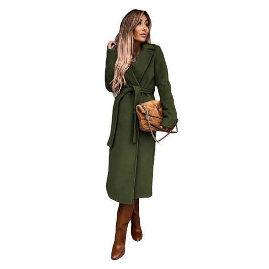 women's solid color lapel long sleeved woolen jacket with simple strap windbreaker