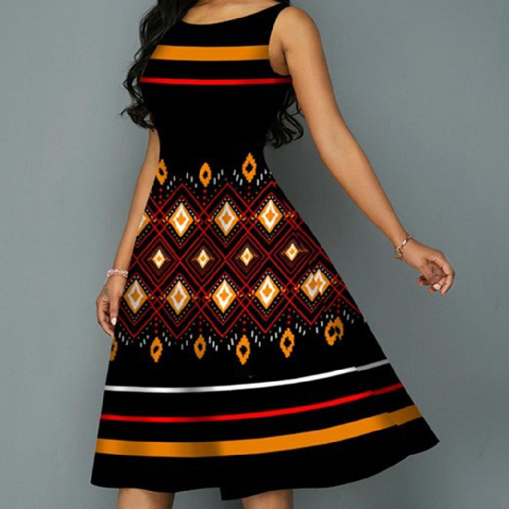 Women's Printed Striped Round Neck Knitted Dress