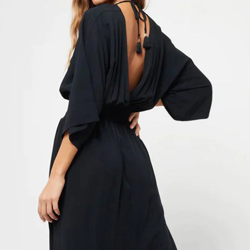 V-neck, Low-cut Backless 3/4 Sleeve Dress