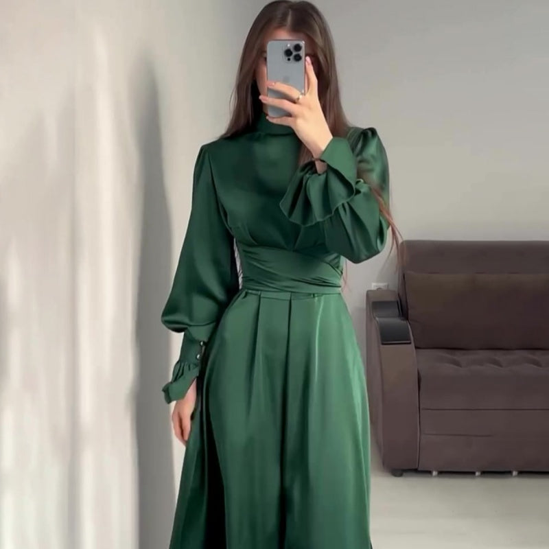 Autumn Long Sleeve Waist Puff Sleeve Green Dress