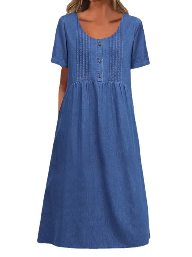 U-shaped Collar Mid-length Elegant Denim Short Sleeve Dress