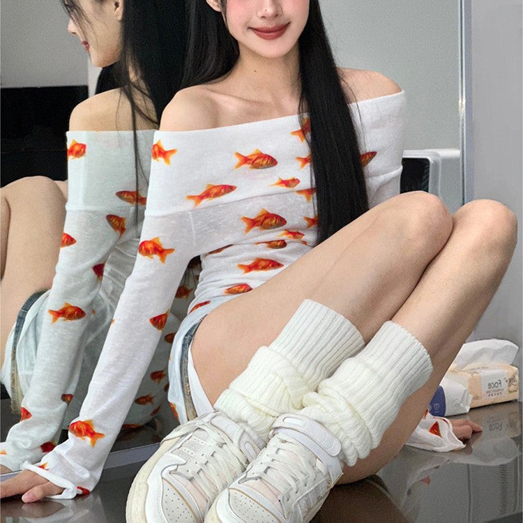 One Shoulder Goldfish Print Long Sleeved Dress