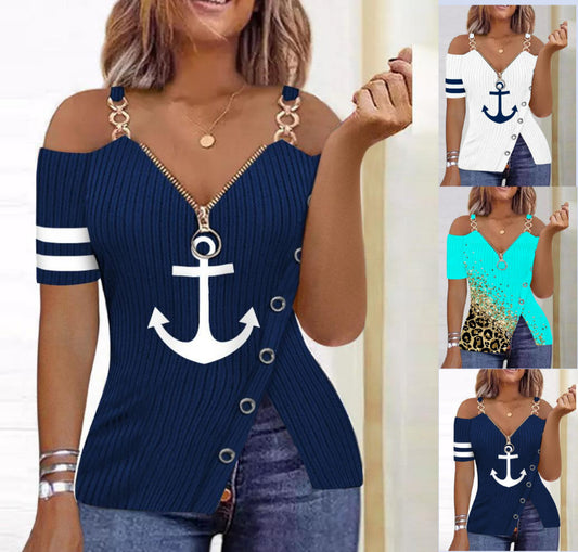 Boat Anchor Pattern Printed Zipper T-shirt