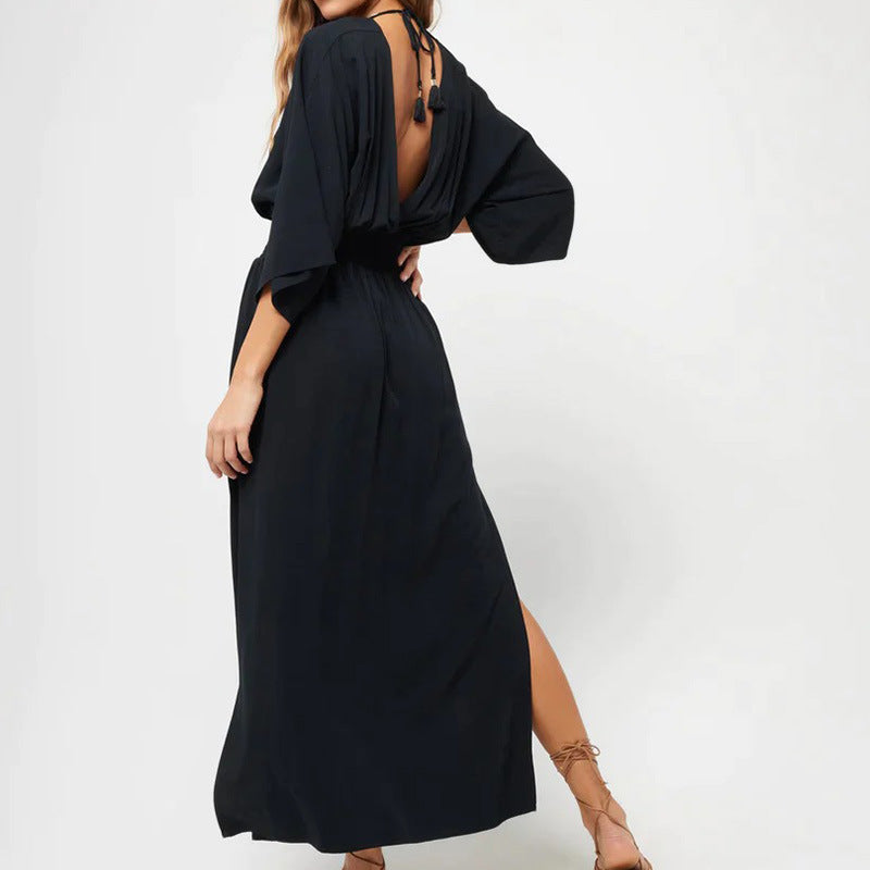 V-neck, Low-cut Backless 3/4 Sleeve Dress