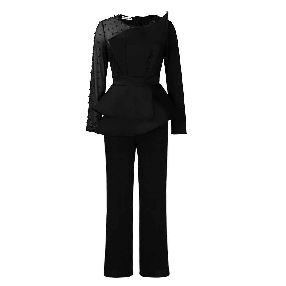 Long Sleeve Jumpsuit with Mesh Splicing and Bead Embellishments for Banquets