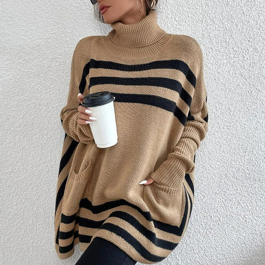 Striped Bat Sleeve Cape Shawl Sweater for Women with High Neck