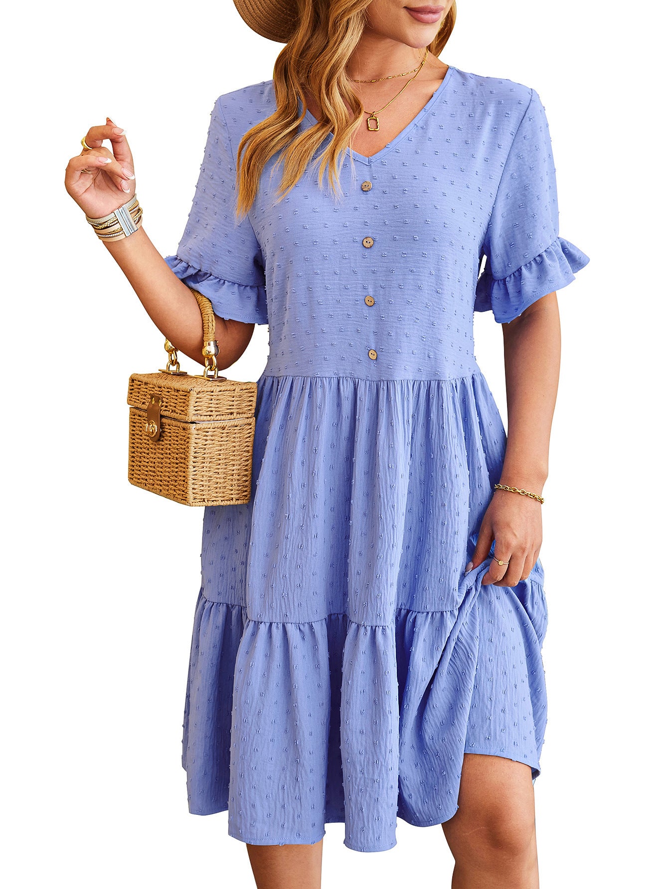 Summer Casual Fashion Short-Sleeved Dress with New V-Neck Ruffle