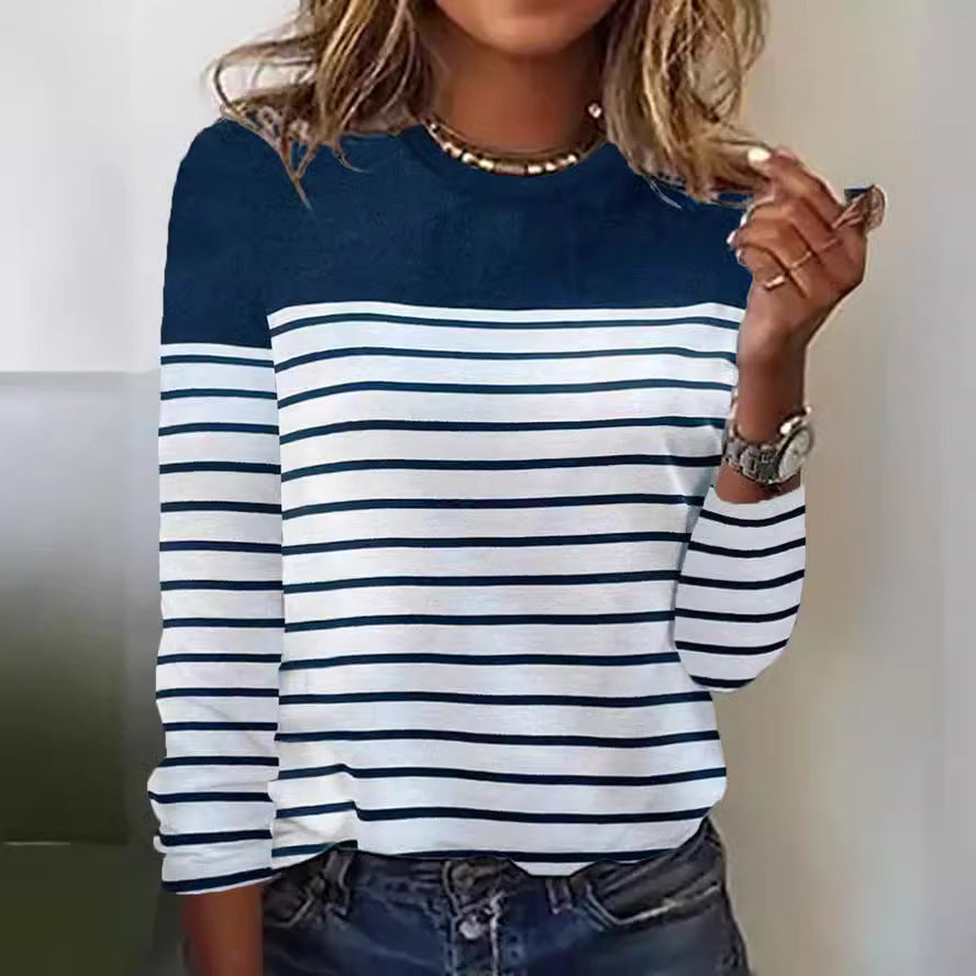 Long-Sleeve Striped Two-Tone Patchwork T-Shirt with Round Neck and Printed Design