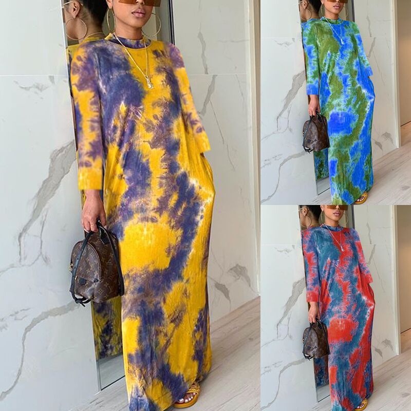 Long Printed Dress with Round Neck for Women