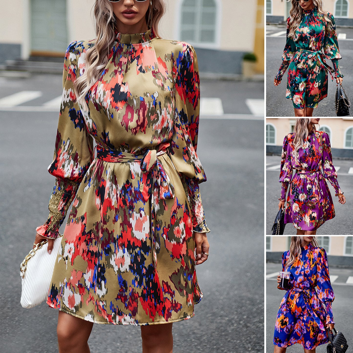 Women's Printed Long Sleeve Dress with a Fashionable and Elegant Temperament