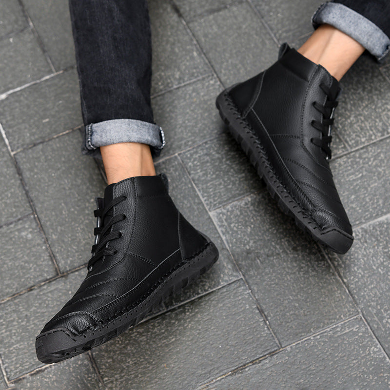 Men's Plus Size High-Top Leather Shoes with Hand Stitching