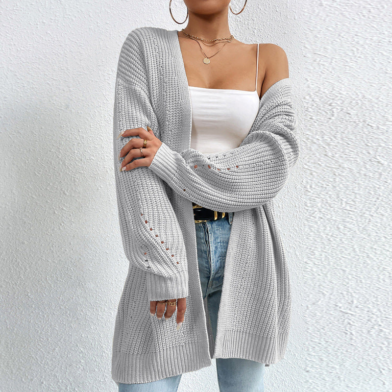 Solid Color Loose Medium Length Knitted Cardigan Sweater Jacket