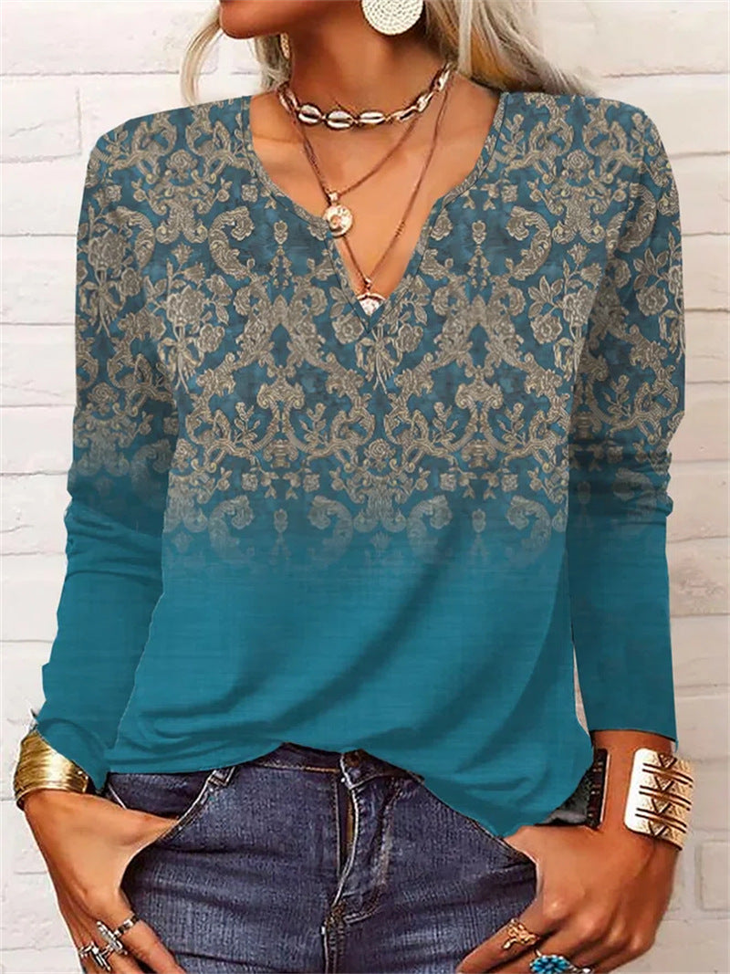 Loose Long Sleeve Floral V-neck T-shirt Bottoming Shirt Women's Clothing