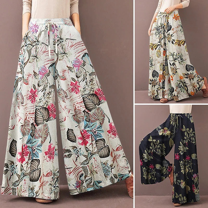 Women's Casual Floral Wide-Leg Pants with Elastic Waist